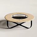 Modern Round Coffee Table With Wooden Top And Glass Inset Black Cross Legs Design