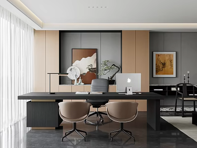 Modern Office Interior With Large Windows Dark Desk Brown Chairs Wooden Panels And Decorative Paintings 3d model