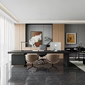 Modern Office Interior With Large Windows Dark Desk Brown Chairs Wooden Panels And Decorative Paintings