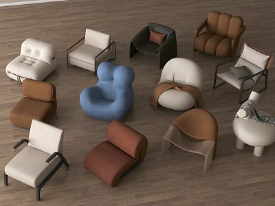 Collection Of Modern Single Sofas In Various Styles And Colors On Wooden Floor 3d model
