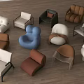 Collection Of Modern Single Sofas In Various Styles And Colors On Wooden Floor