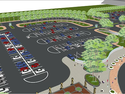 Spacious Parking Lot With Parked Cars Lush Trees And Pedestrian Walkways 3d model
