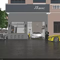 JS Car Dealership Showroom With White Car Yellow Sports Car And Bar Counter
