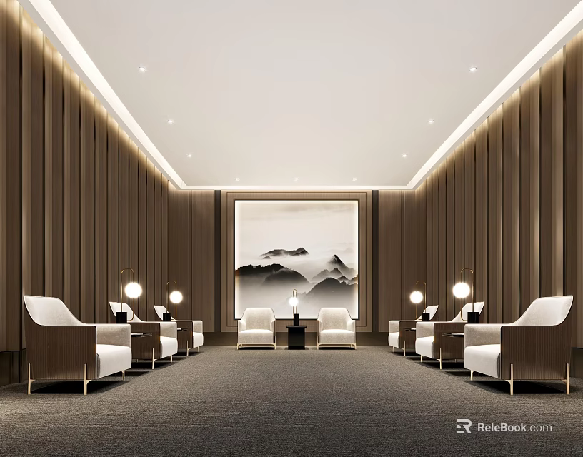 Elegant Hotel Public Lounge With Wooden Panel Walls Landscape Painting And White Armchairs 3d model 