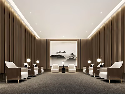 Elegant Hotel Public Lounge With Wooden Panel Walls Landscape Painting And White Armchairs 3d model