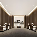 Elegant Hotel Public Lounge With Wooden Panel Walls Landscape Painting And White Armchairs