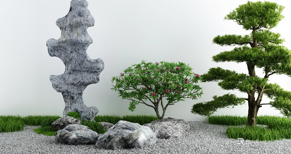 Courtyard Garden Featuring Gray Rock Formations White Wall Pink Flower Tree Pine Tree and Gravel 3d model 