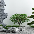 Courtyard Garden Featuring Gray Rock Formations White Wall Pink Flower Tree Pine Tree and Gravel