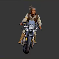 Man Riding Blue And White Motorcycle Wearing Brown Vest And Animal Ear Hat