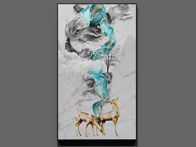 Abstract Painting With Golden Deer Blue Gray Flowing Lines And Marble Background 3d model