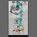 Abstract Painting With Golden Deer Blue Gray Flowing Lines And Marble Background