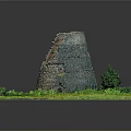 Scenic Miniature Landscape Featuring Ancient Stone Tower Surrounded by Lush Green Grass and Small Trees