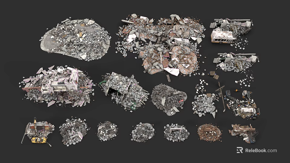 Collection of Different Crushed Stone Pieces and Recycled Wood Waste Materials 3d model 
