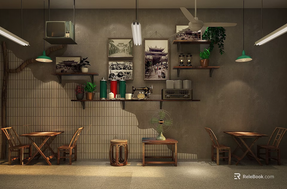 Modern Restaurant Interior With Wooden Table And Chair Set Hanging Lights Wall Decorations Vintage 3d model 