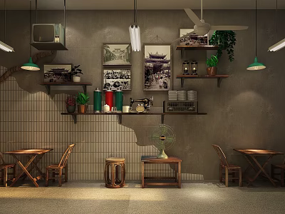 Modern Restaurant Interior With Wooden Table And Chair Set Hanging Lights Wall Decorations Vintage 3d model