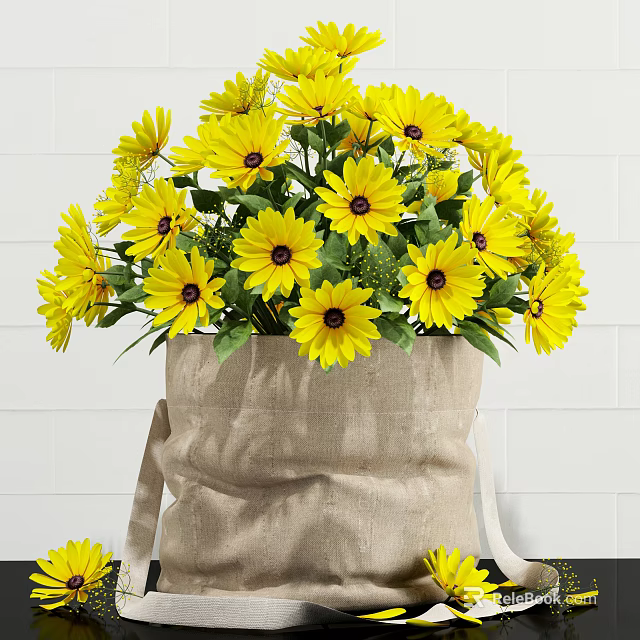 Fresh Yellow Sunflowers in Burlap Sack Vase Against White Brick Wall 3d model 