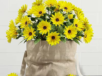 Fresh Yellow Sunflowers in Burlap Sack Vase Against White Brick Wall 3d model