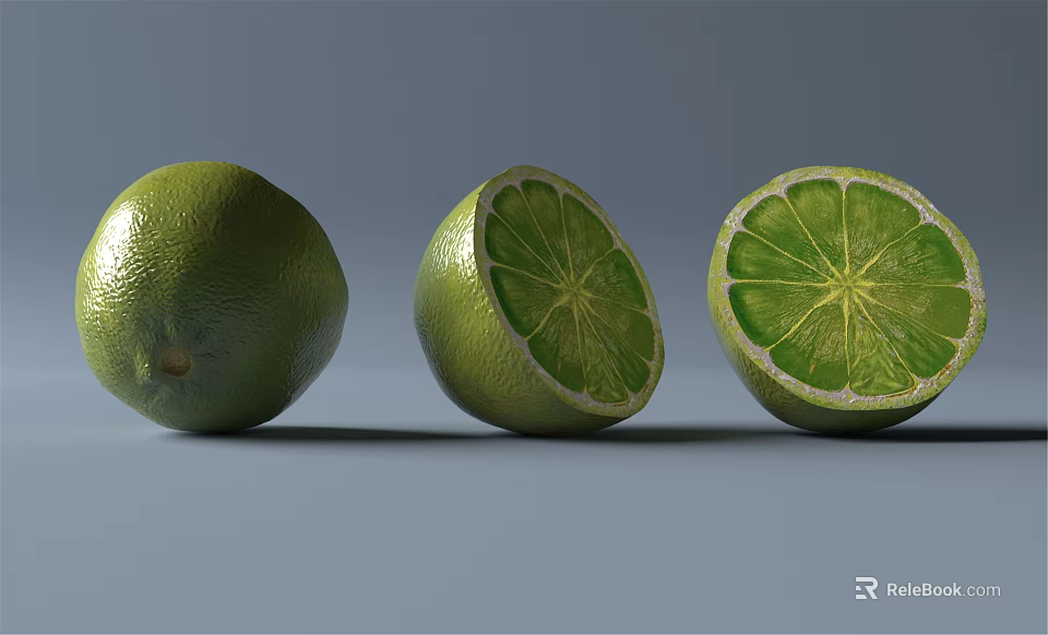 Juicy Fresh Green Limes Whole Half Cut And Sliced On Gray Background 3d model 