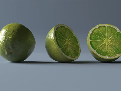 Juicy Fresh Green Limes Whole Half Cut And Sliced On Gray Background 3d model
