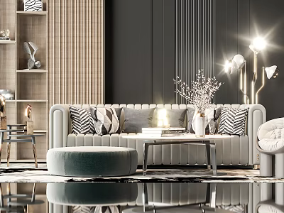 Elegant Modern Gray Sofa Coffee Table Set with Striped Cushions Round Ottoman Vase Books 3d model