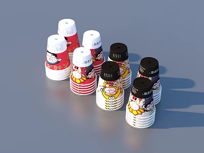 Household Bottles With Cartoon Patterns Red White Black Color Schemes And Different Colored Caps 3d model