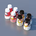 Household Bottles With Cartoon Patterns Red White Black Color Schemes And Different Colored Caps