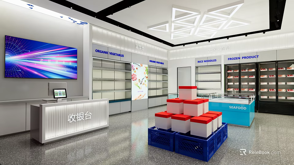 Supermarket Department Store With Cashier Counter Organic Vegetables Frozen Foods And Cosmetics Shelves 3d model 