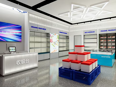 Supermarket Department Store With Cashier Counter Organic Vegetables Frozen Foods And Cosmetics Shelves 3d model