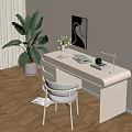 Modern Minimalist Desk With White Chair Table Lamp Notebook Potted Plant And Black White Artwork