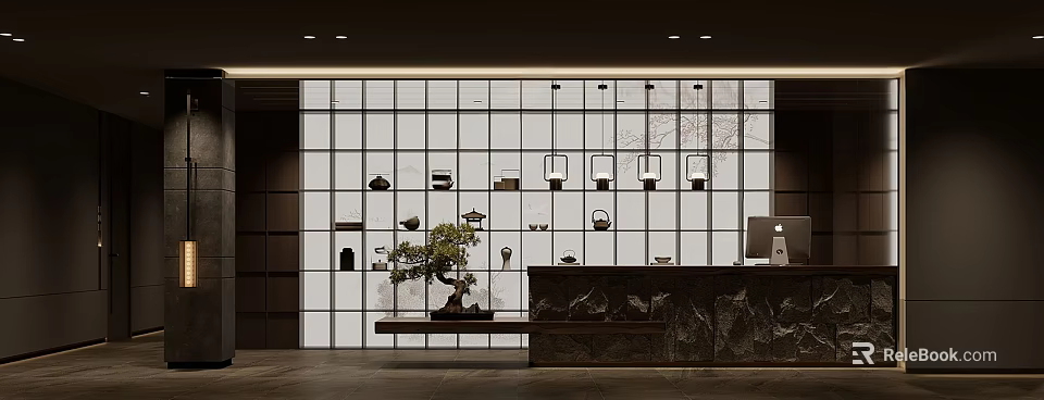 Hotel Lobby Interior With Grille Wall Hanging Lanterns Displayed Tea Sets And Stone Reception Desk 3d model 