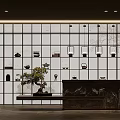 Hotel Lobby Interior With Grille Wall Hanging Lanterns Displayed Tea Sets And Stone Reception Desk