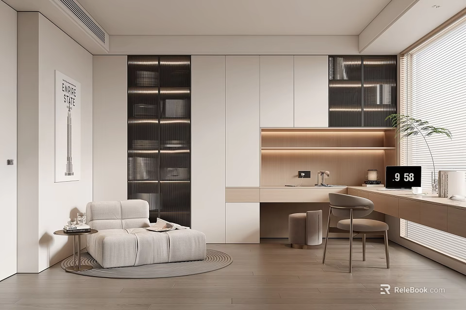 Minimalist Study Room With Modern Desk Storage Cabinets Sofa Wooden Floor And Bright Lighting 3d model 