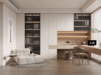 Minimalist Study Room With Modern Desk Storage Cabinets Sofa Wooden Floor And Bright Lighting 3d model