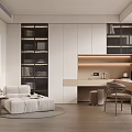 Minimalist Study Room With Modern Desk Storage Cabinets Sofa Wooden Floor And Bright Lighting