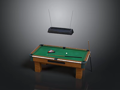 Classic Billiard Table Setup With Green Felt Surface Pool Cues And Overhead Light 3d model