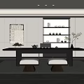 Modern Tea Room Interior Design With Black Long Table White Cushioned Stools And Tea Sets 3d model