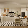 Modern Kitchen Interior With White Cabinets Tiled Backsplash Pendant Lights And Checkerboard Floor