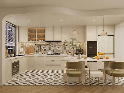 Modern Kitchen Interior With White Cabinets Tiled Backsplash Pendant Lights And Checkerboard Floor 3d model