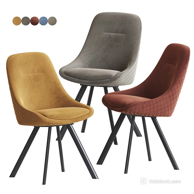 Modern Dining Chairs With Yellow Grey Red Velvet Upholstery And Black Metal Legs 3d model 