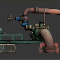 Industrial Piping Equipment With Green Metal Frame Red Blue Pipes And Valves