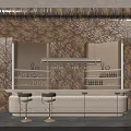 Elegant Modern Bar Counter With Textured Wooden Wall Suspended Lights And Glass Shelves