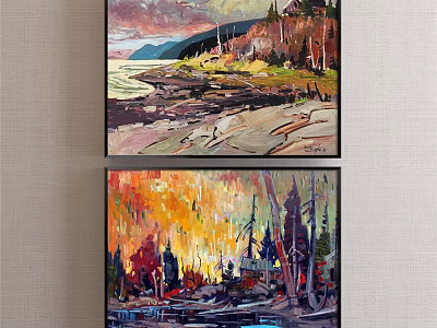 Oil Paintings of Coastal Landscape and Colorful Forest with Mountains Trees and Water Reflections 3d model