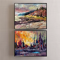 Oil Paintings of Coastal Landscape and Colorful Forest with Mountains Trees and Water Reflections