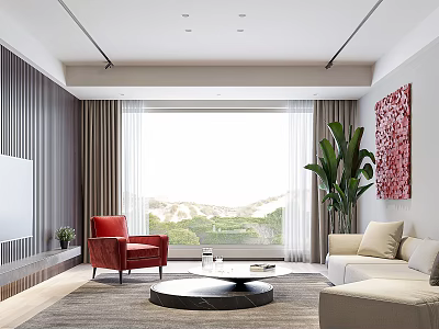Modern Living Room Interior With Red Armchair Beige Sofa Large Window Red Artwork And Large Plant 3d model