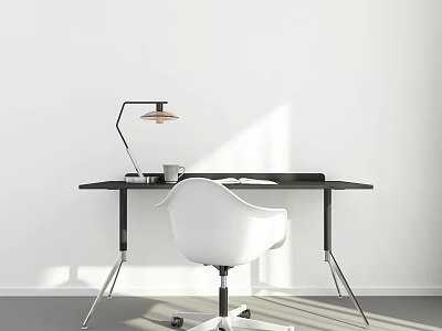 Minimalist Home Office Desk with Lamp Laptop Coffee Cup White Chair and Sunlight Shadows 3d model