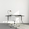 Minimalist Home Office Desk with Lamp Laptop Coffee Cup White Chair and Sunlight Shadows