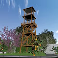 Beautiful Garden Landscape With Tall Wooden Observation Tower And Vibrant Fruit And Colorful Blooming Trees