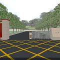 Spacious Main Entrance Gate With Lined Green Trees And Yellow Cross Lines On Road