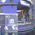 Modern Lenovo Exhibition Booth Design With Blue Circular Structure And Transparent Display Elements 3d model