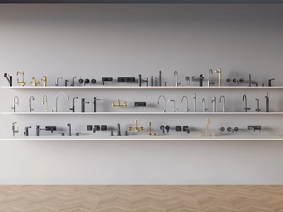 Water Faucet Samples Neatly Arranged On White Shelves With Light Colored Walls And Wooden Flooring 3d model